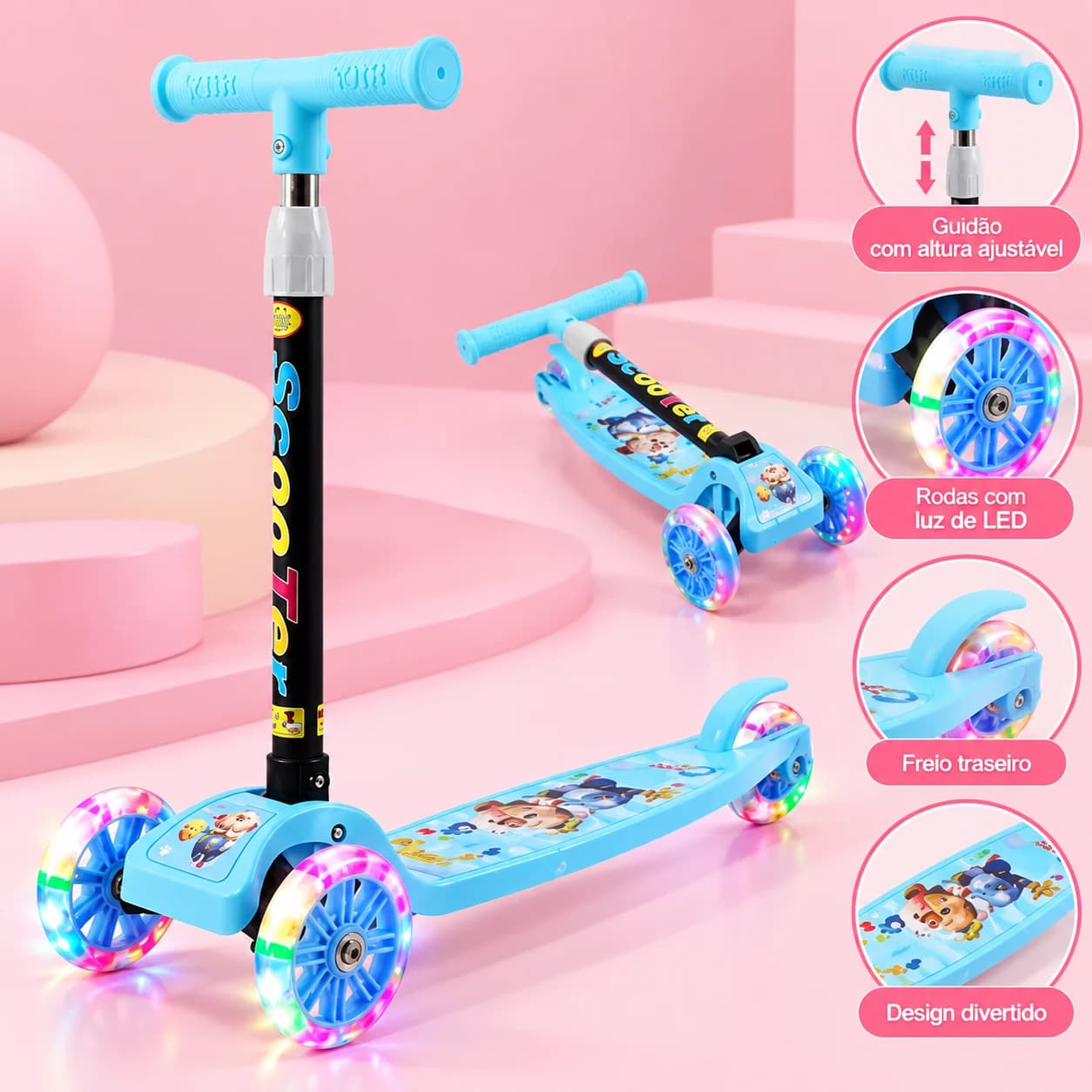 Patinete Infantil Azul 3 Rodas De Led Dobrável