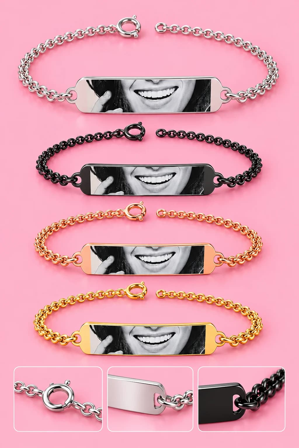 Pulseira Aço Inoxidável com Gravação a Laser – Olhar Sorriso Realista e Texto/Nome